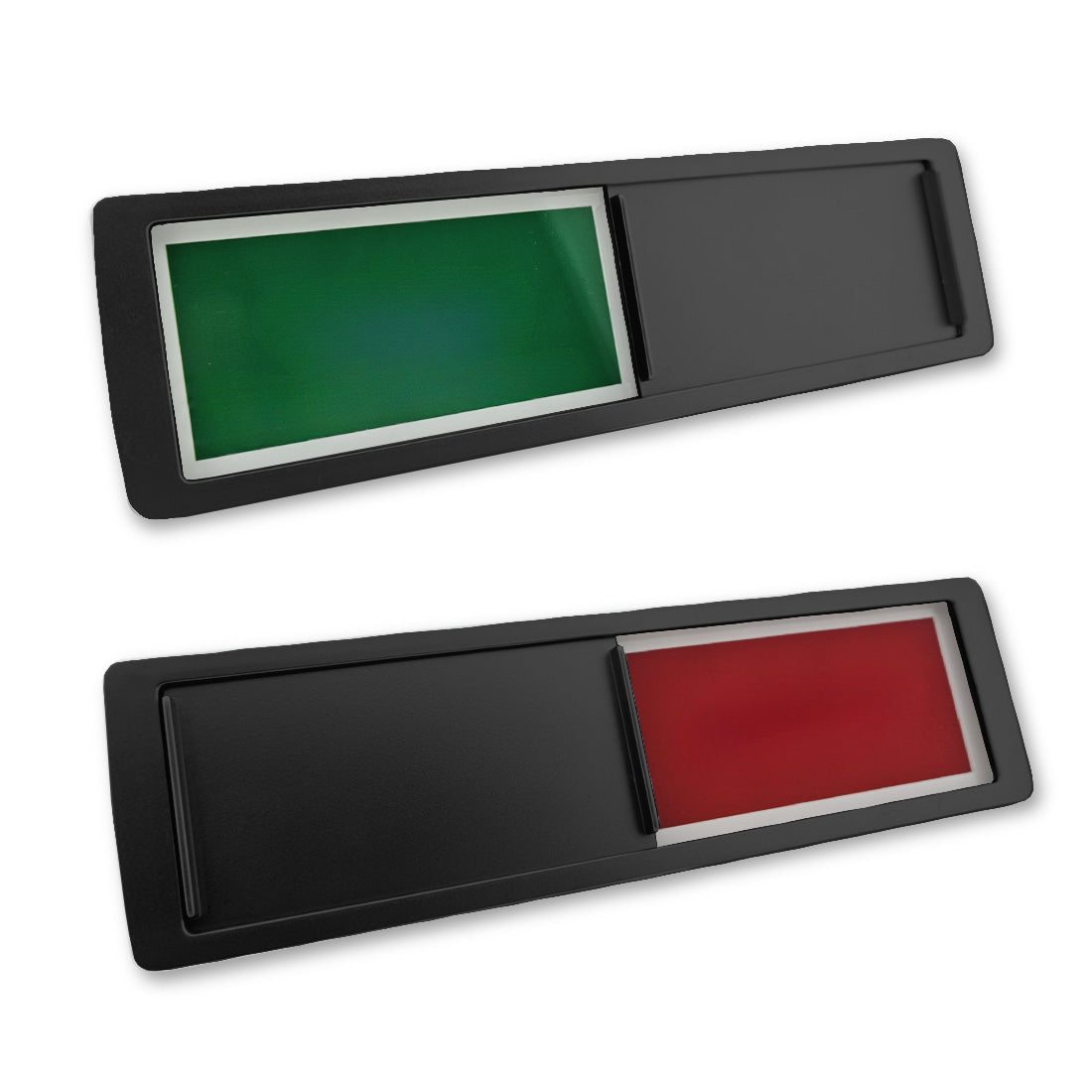 Two-colour status indicator sliding sign: Green means 'Yes' or 'OK,' Red means 'No' or 'Error.' Image Shows The Black Frame Variant.