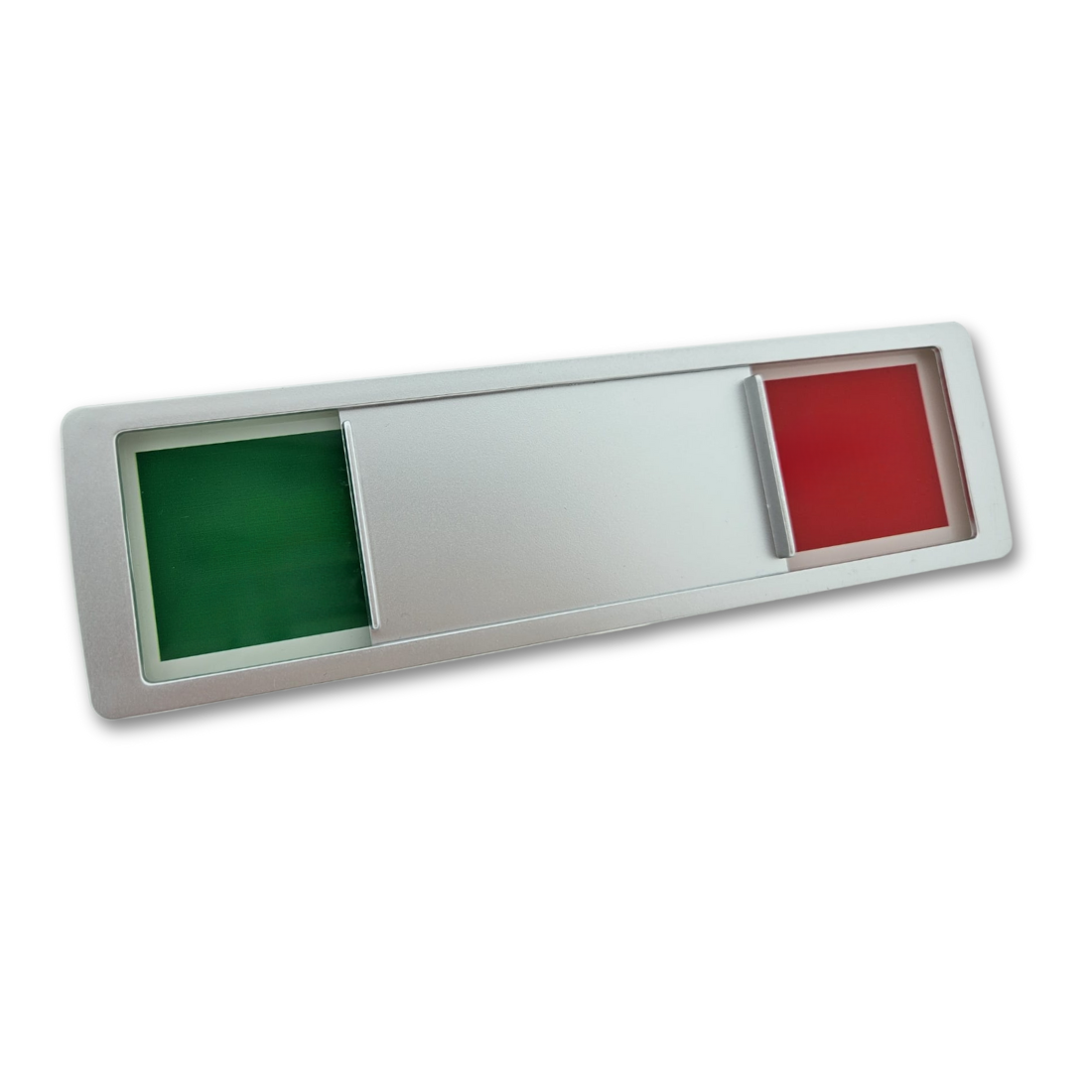 Upright silver frame sliding sign showing partial views of green and red the slider is placed in the middle of the frame.