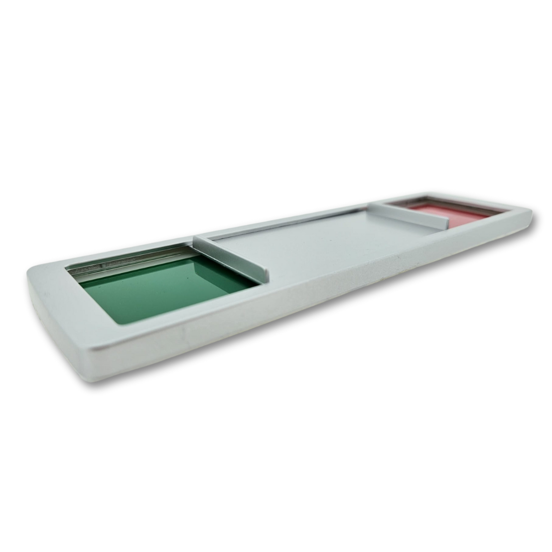 Green And Red Colour Sliding Sign Flat Lay Image Showing both the red and green status with the slider in the middle of the frame.