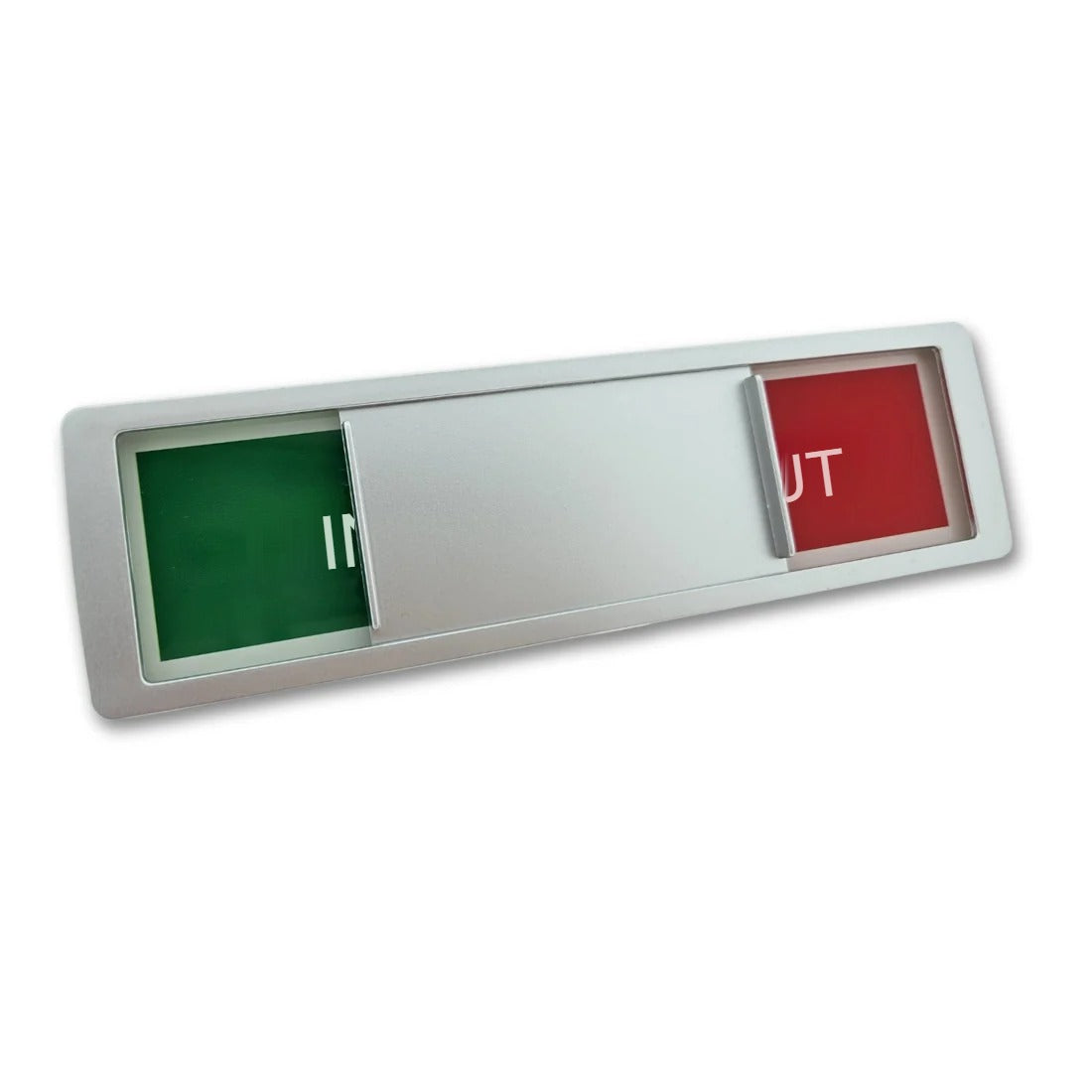 Silver framed IN / OUT sliding sign with the slider in the middle position