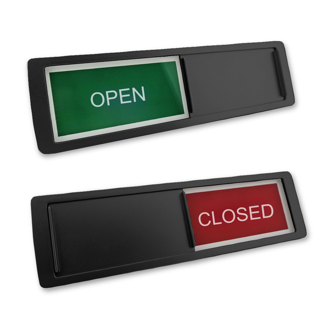 Black framed retail sliding sign indicating 'OPEN' in green and 'CLOSED' in red.