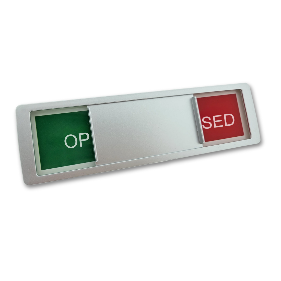 Silver status slider sign angled to show a change from 'OPEN' (green) to 'CLOSED' (red). The Slider is in the middle of both status on this image.