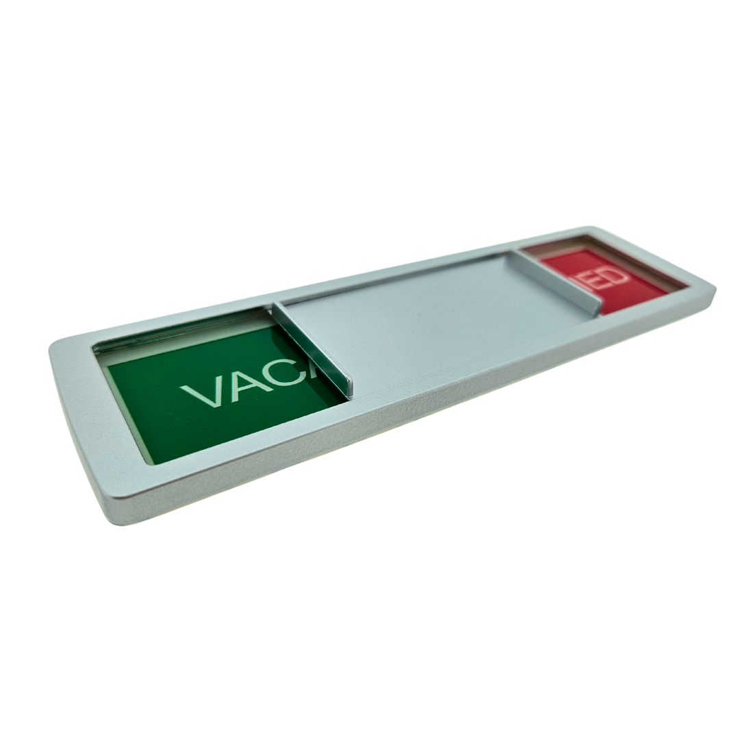Commercial Grade Privacy Sign Partially Showing 'VACANT' & 'OCCUPIED'. Silver Sliding Door Sign with Slider Shown in the Middle.