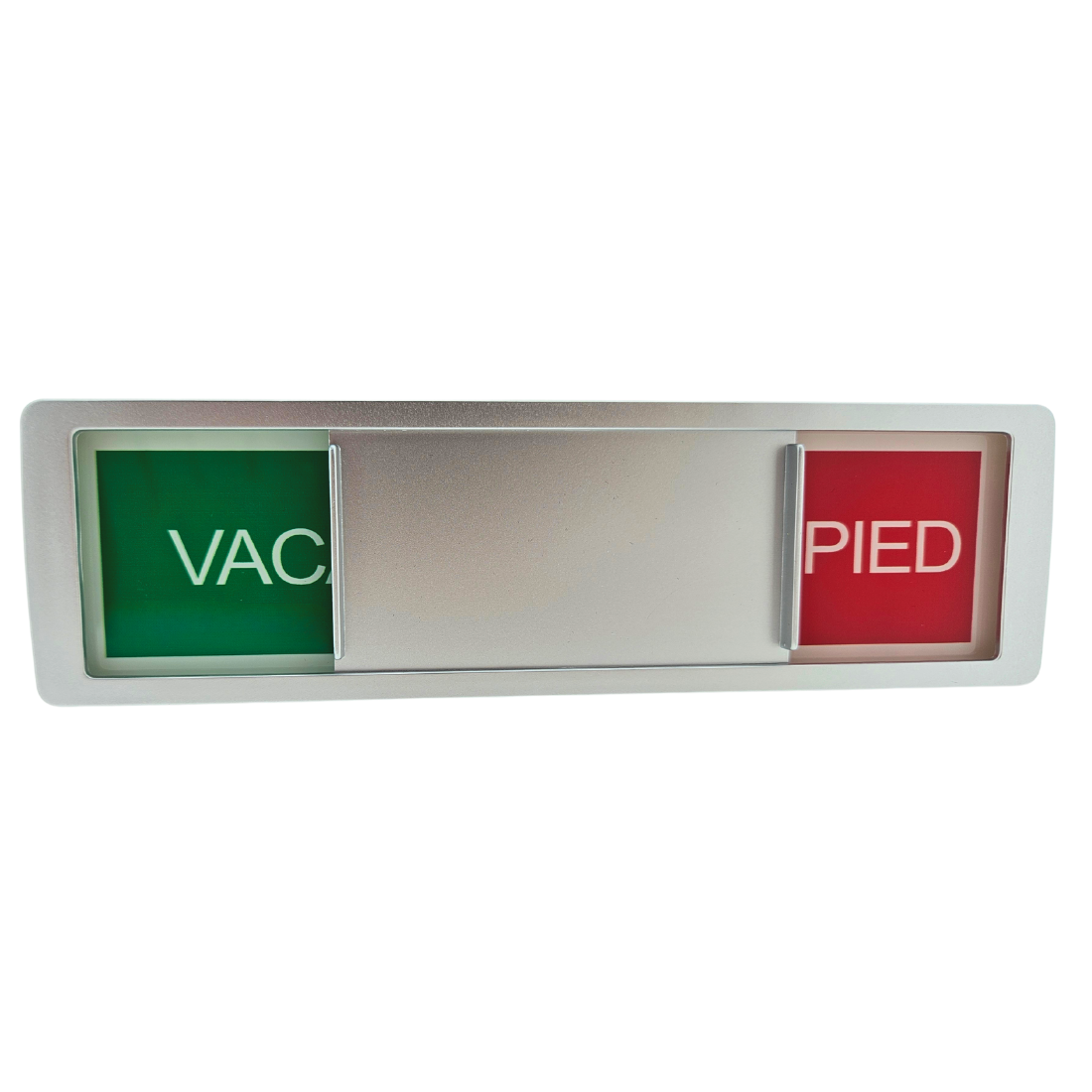 Upright silver frame status indicator showing a transition between 'VACANT' and 'OCCUPIED'
