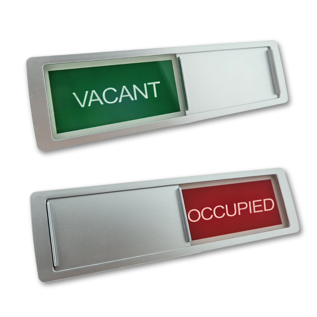 VACANT / OCCUPIED Sliding Door Sign With Silver Frame Showing Vacant in Green At the and Occupied in Red At the Bottom