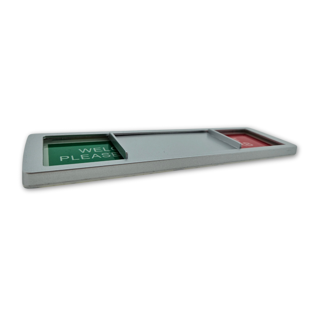 Sliding sign showing partial 'CLEAN MY ROOM' and 'DO NOT DISTURB'  Silver frame