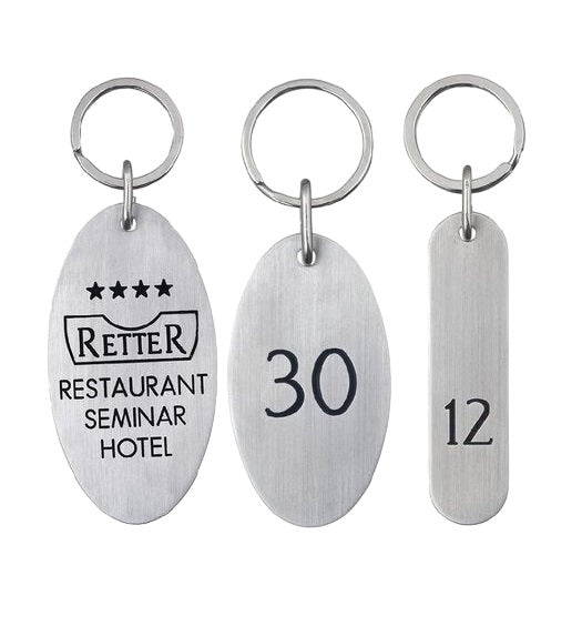 Oval Brushed Stainless Steel Hotel Key Tags With Custom Engraving and Flat Key Ring