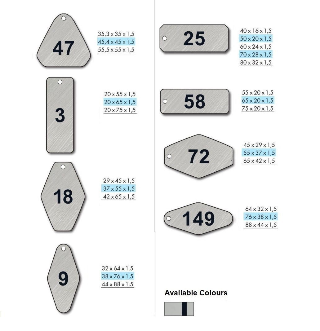 Various Rhombus, Rectangle and Triangle Shaped Stainless Steel Key Tags With CNC Number Engraving