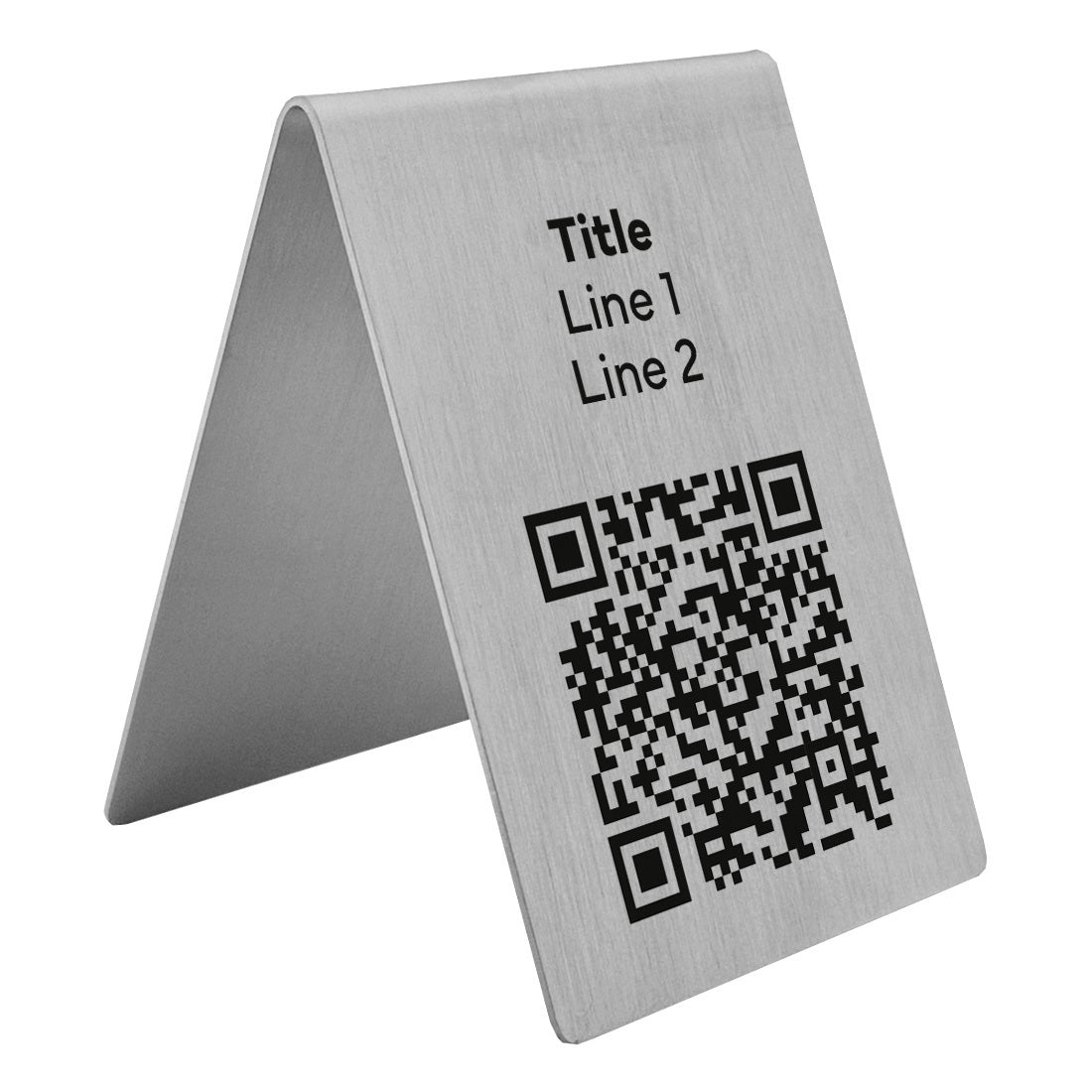 QR Code Table Sign With A Custom Title and Two Lines Of Text Stainless Steel 70x100mm