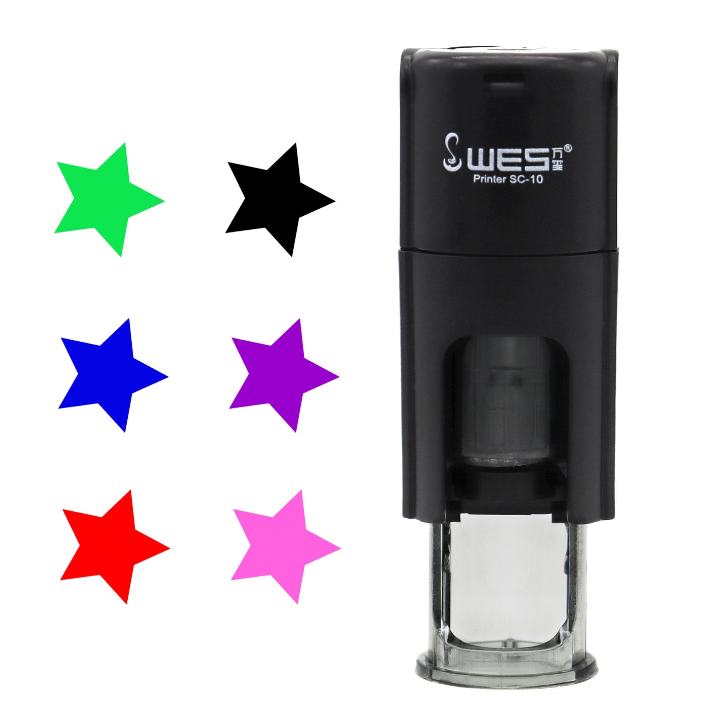 Black stamp with colorful star illustrations on a white background