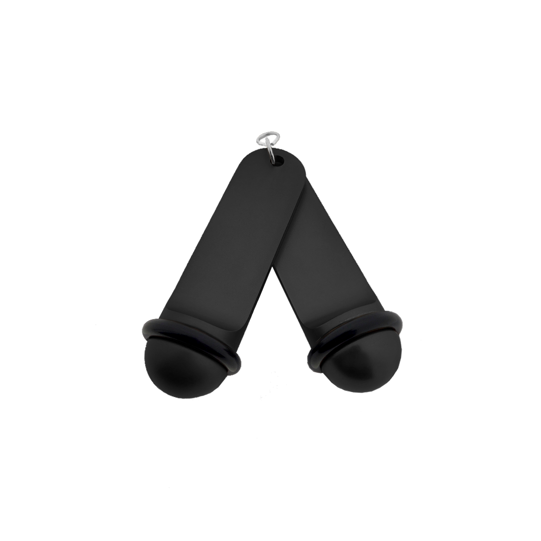 Front view of two black Big Classic aluminium hotel key tags (105x30mm) with silver S-hook fasteners and black rubber rings.