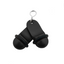 Front view of two black small retro aluminium hotel key tags (60x25mm) with silver S-hook fasteners and black rubber rings.