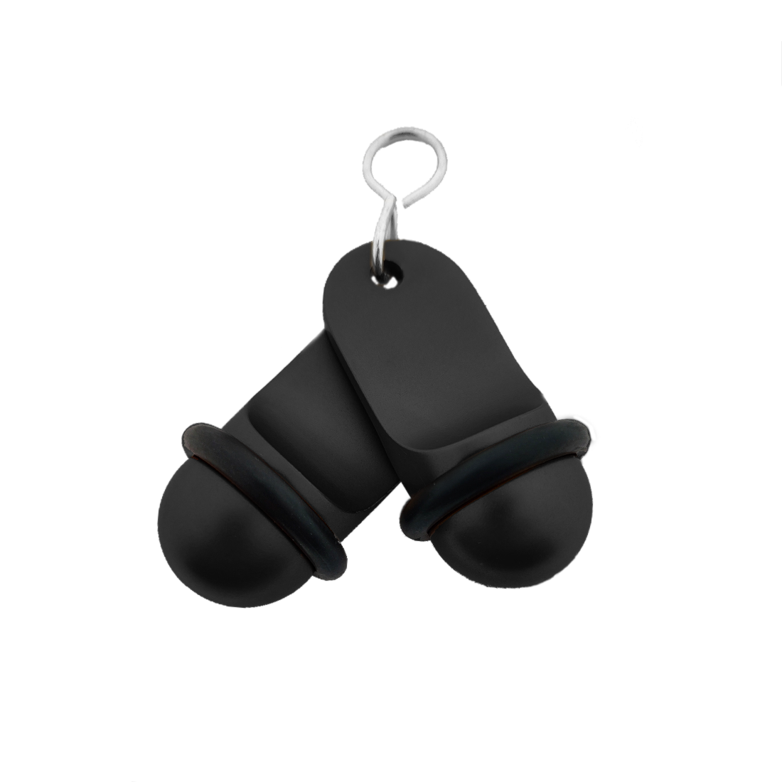Front view of two black small retro aluminium hotel key tags (60x25mm) with silver S-hook fasteners and black rubber rings.