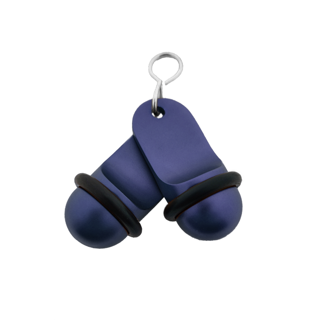 Front view of two blue small retro aluminium hotel key tags (60x25mm) with silver S-hook fasteners and black rubber rings.