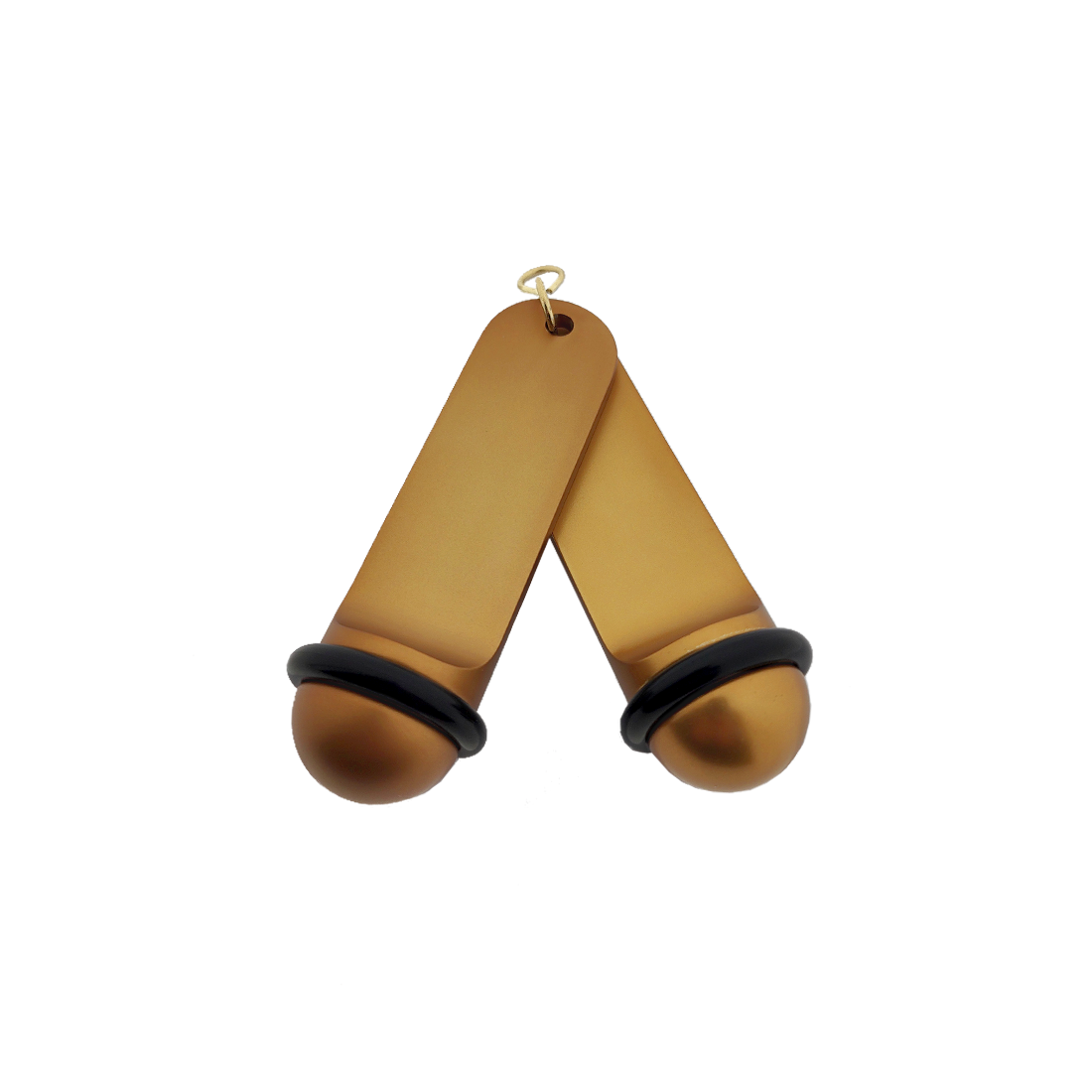 Front view of two bronze Big Classic aluminium hotel key tags (105x30mm) with gold S-hook fasteners and black rubber rings.
