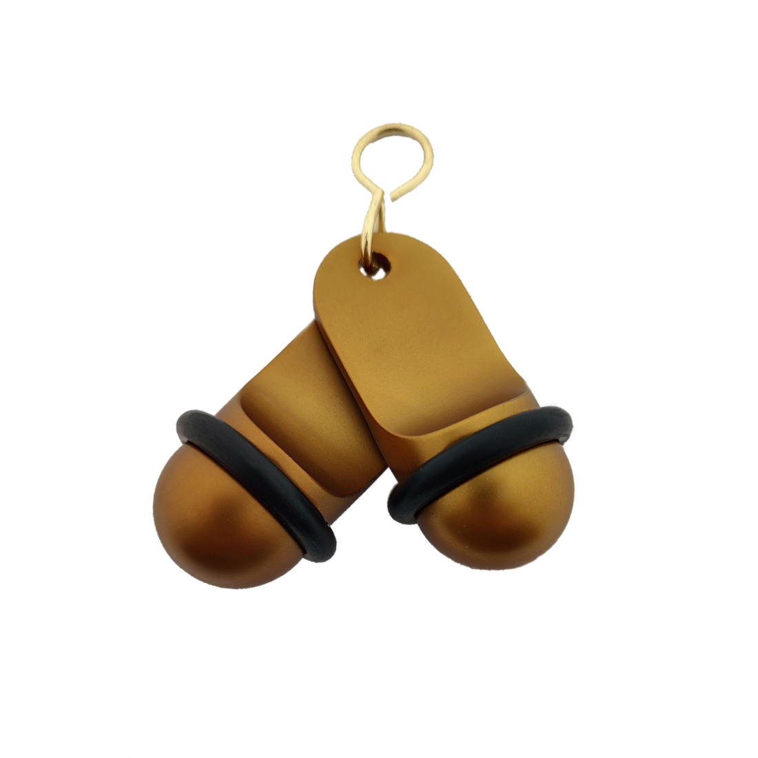 Front view of two bronze small retro aluminium hotel key tags (60x25mm) with gold S-hook fasteners and black rubber rings.
