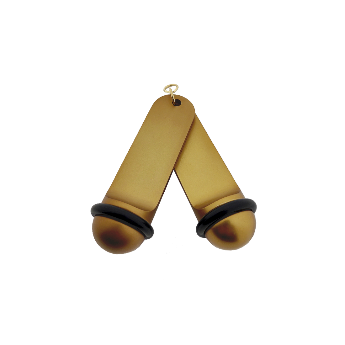 Front view of two gold Big Classic aluminium hotel key tags (105x30mm) with gold S-hook fasteners and black rubber rings.