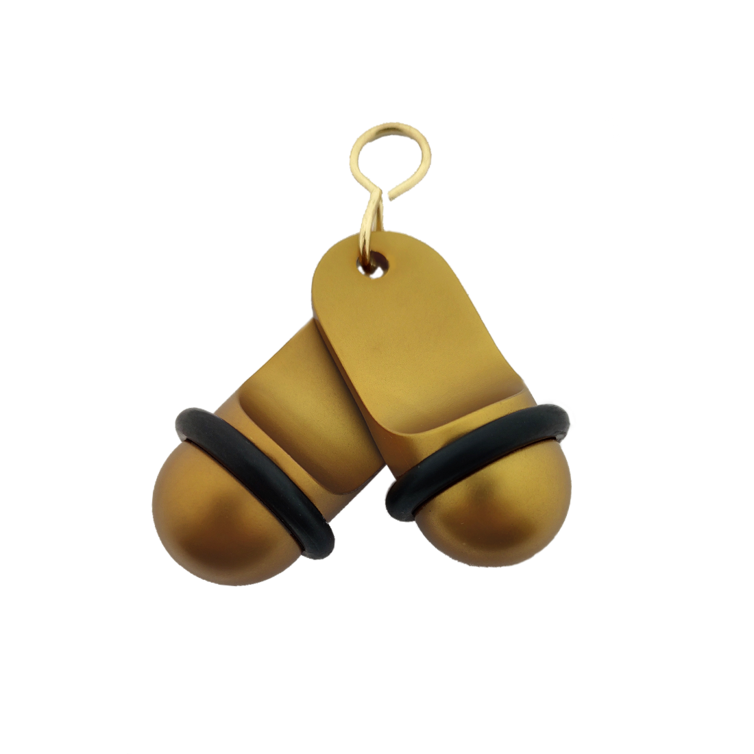 Front view of two gold small retro aluminium hotel key tags (60x25mm) with gold S-hook fasteners and black rubber rings.