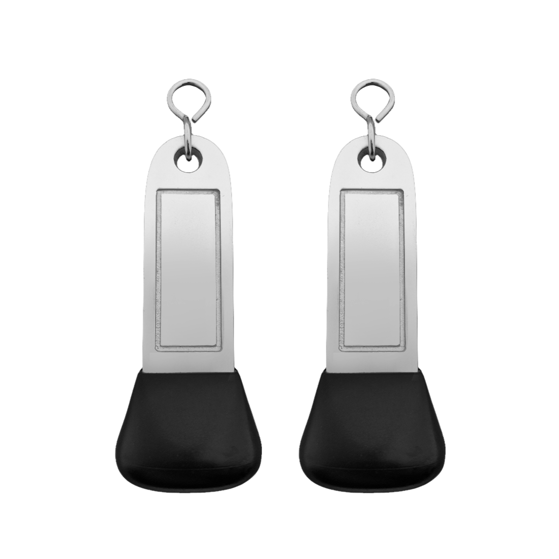 Two Large Silver Aluminium Hotel Key Tags With A Pre Engraved Frame and Silver S-hook Fastener Model Camber 115x30mm 