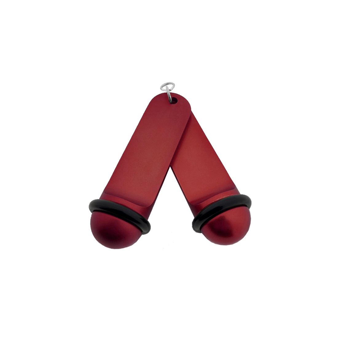 Front view of two red Big Classic aluminium hotel key tags (105x30mm) with silver S-hook fasteners and black rubber rings.