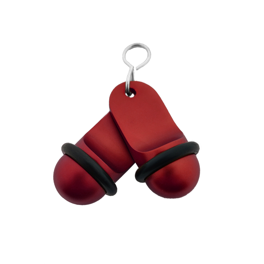 Front view of two red small retro aluminium hotel key tags (60x25mm) with silver S-hook fasteners and black rubber rings.
