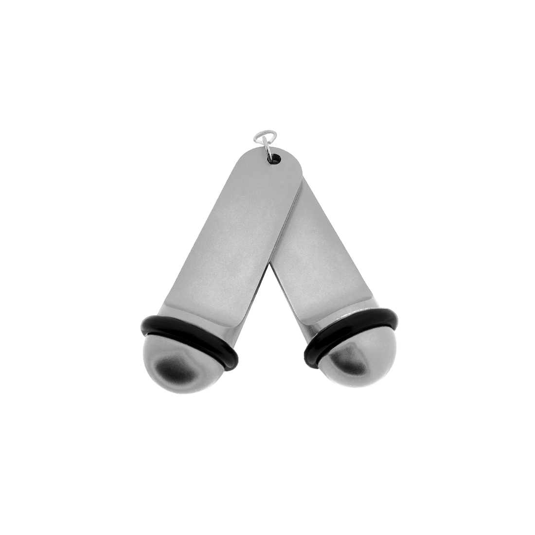 Front view of two silver Big Classic aluminium hotel key tags (105x30mm) with silver S-hook fasteners and black rubber rings.