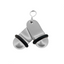Front view of two silver small retro aluminium hotel key tags (60x25mm) with silver S-hook fasteners and black rubber rings.