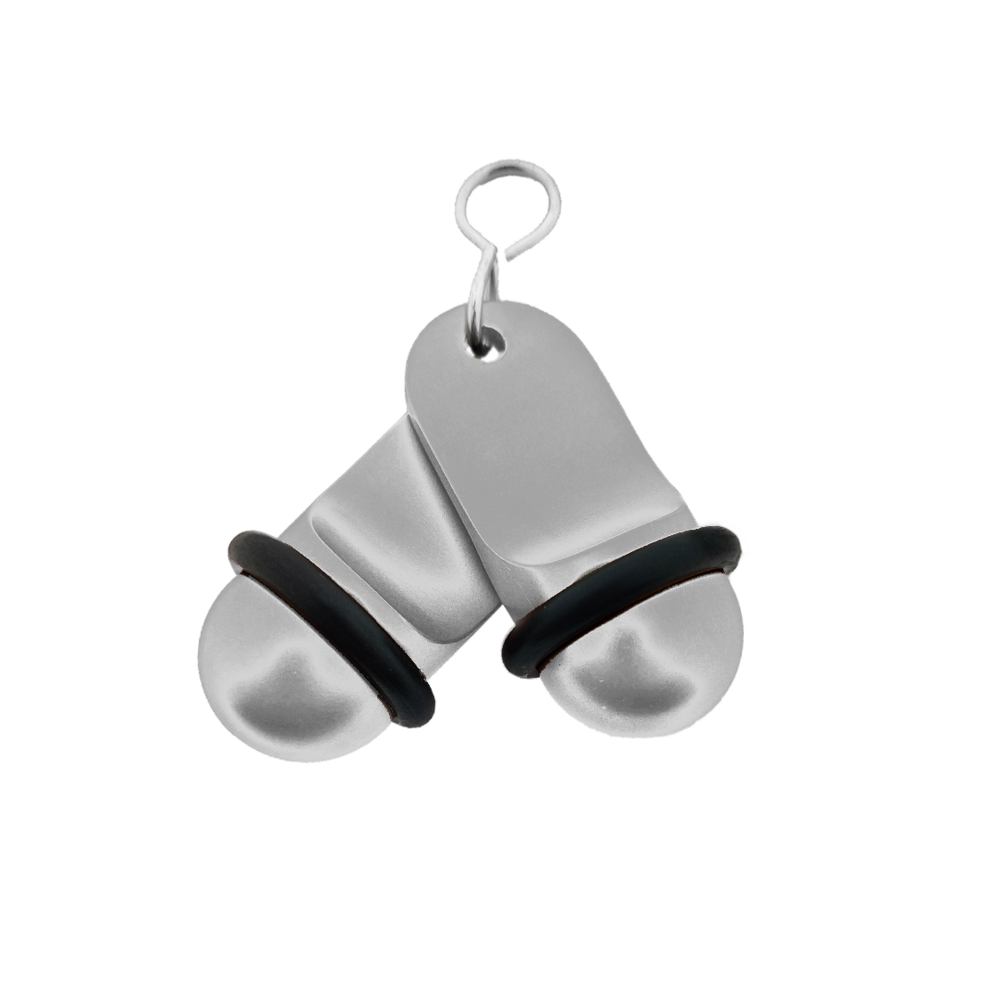 Front view of two silver small retro aluminium hotel key tags (60x25mm) with silver S-hook fasteners and black rubber rings.