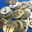 Round Brushed Brass Key Tags With Coloured Number Engraving