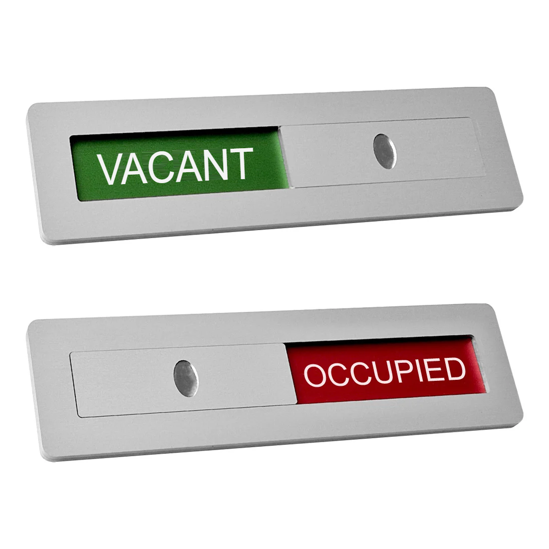 Aluminium sliding door sign showing VACANT in green and OCCUPIED in red, 125 x 35mm