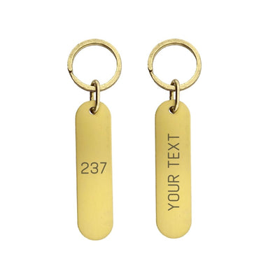 Gold Aluminium Hotel Key Tags 'Vicky' With Flat Split Key Ring and Spacer 78x20mm. Custom Laser Engraving