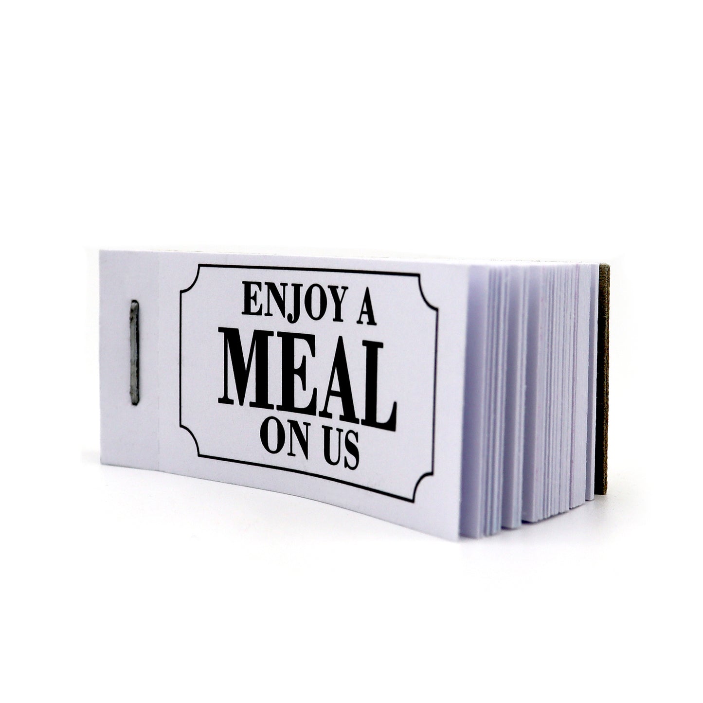 Meal Ticket Book 'Enjoy a Meal On Us' White Side View Open