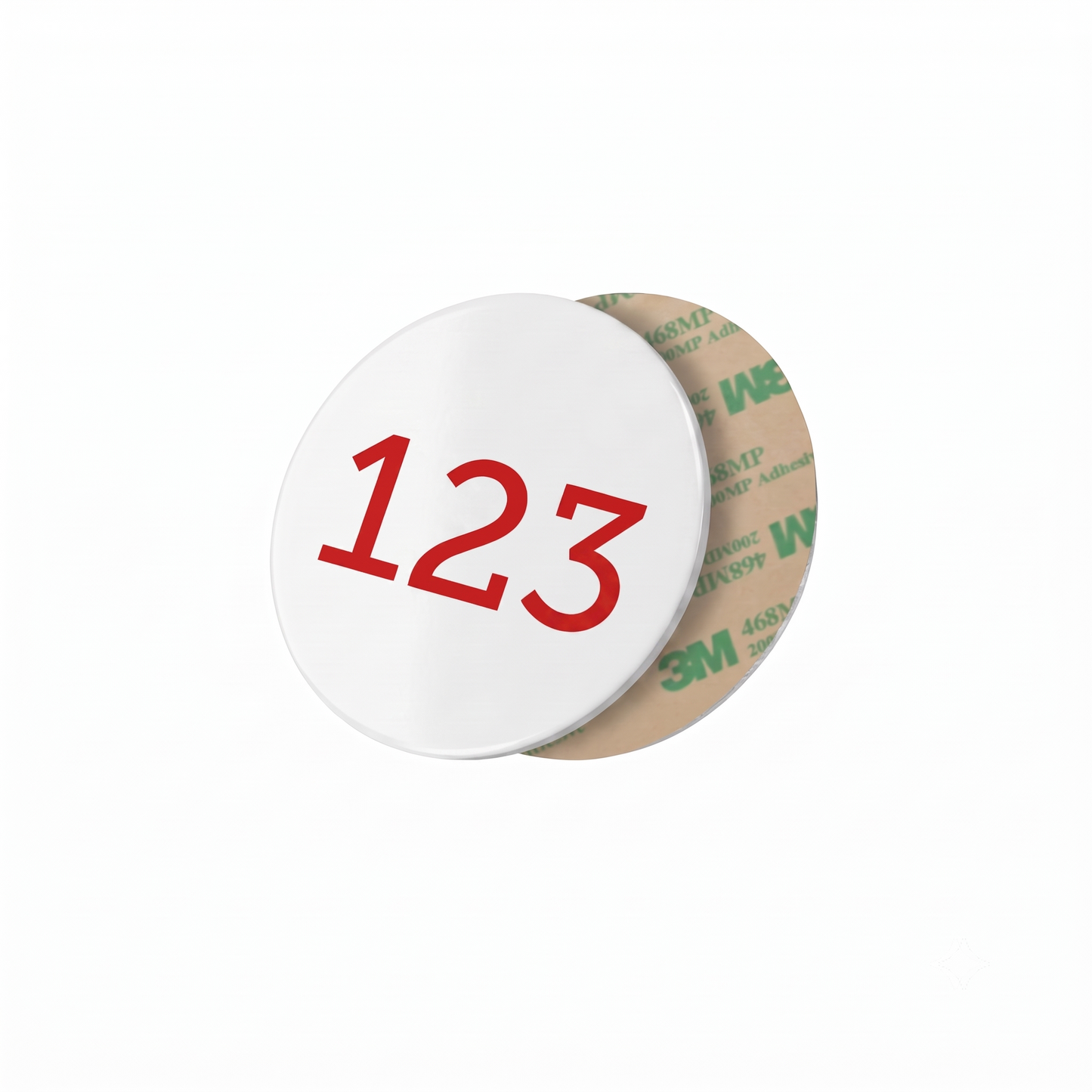 Round White Aluminium Number Tags with Coloured Engraving and Adhesive Tape