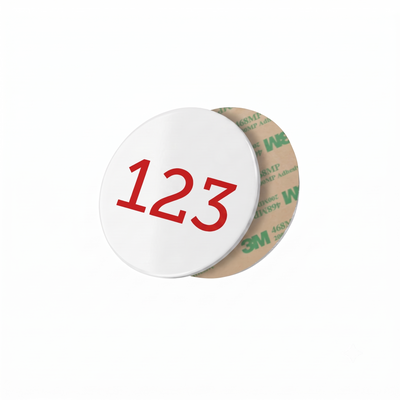 Round White Aluminium Number Tags with Coloured Engraving and Adhesive Tape