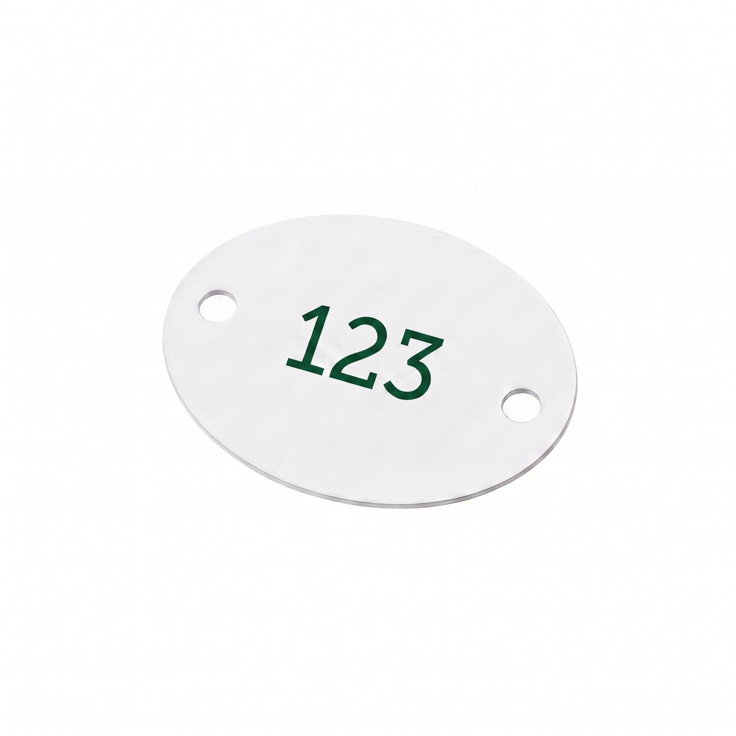 White Aluminium Oval Number Tags With Two Fixing Holes and Coloured Engraving.