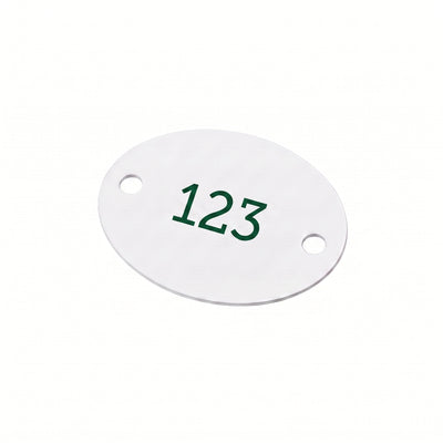 White Aluminium Oval Number Tags With Two Fixing Holes and Coloured Engraving.