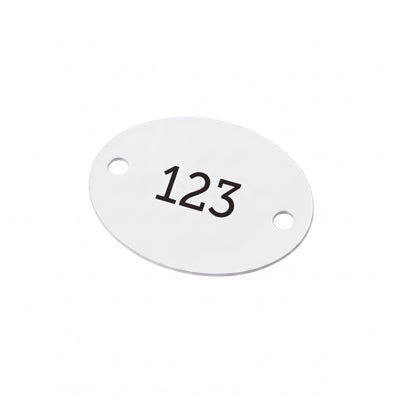 White Aluminium Number Tags or Asset Plates With Two Fixing Holes and Black Engraving.
