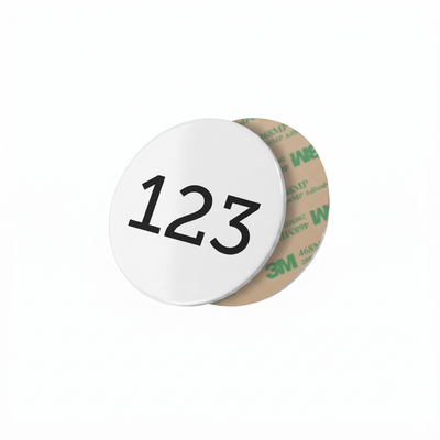 White Aluminium Number Discs / Tags with Adhesive Tape For Lockers and Asset Numbering With Black Engraving
