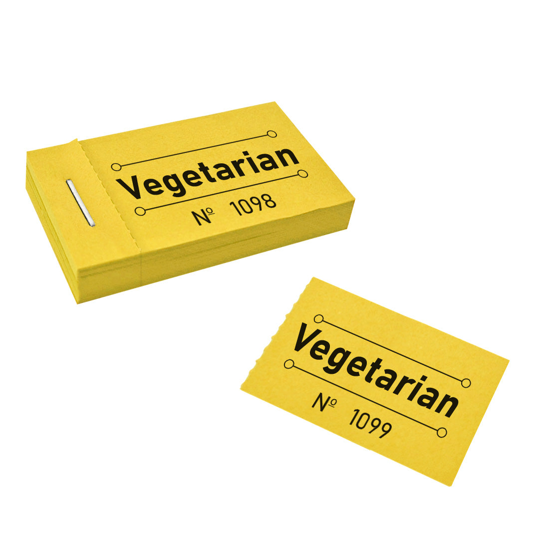 Dietary Preference Paper Vouchers Printed With 'Vegetarian'. Perforated Ticket Books For Easy Dispensing. These Vouchers Are Yellow.